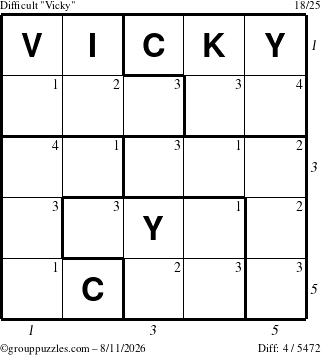 The grouppuzzles.com Difficult Vicky puzzle for Tuesday August 11, 2026, suitable for printing, with all 4 steps marked