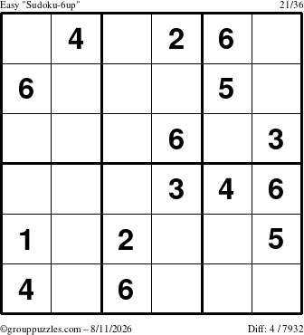 The grouppuzzles.com Easy Sudoku-6up puzzle for Tuesday August 11, 2026