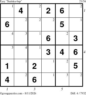 The grouppuzzles.com Easy Sudoku-6up puzzle for Tuesday August 11, 2026 with all 4 steps marked