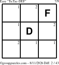 The grouppuzzles.com Easy TicTac-DEF puzzle for Tuesday August 11, 2026 with the first 2 steps marked