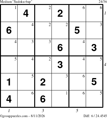 The grouppuzzles.com Medium Sudoku-6up puzzle for Tuesday August 11, 2026, suitable for printing, with all 6 steps marked
