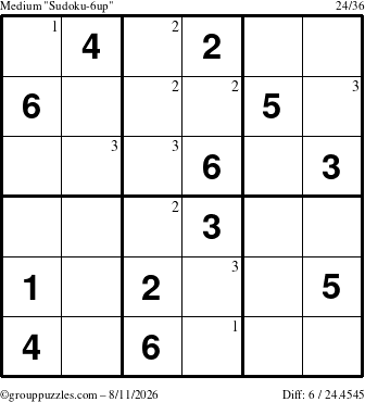The grouppuzzles.com Medium Sudoku-6up puzzle for Tuesday August 11, 2026 with the first 3 steps marked