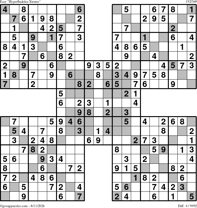 The grouppuzzles.com Easy HyperSudoku-Xtreme puzzle for Tuesday August 11, 2026