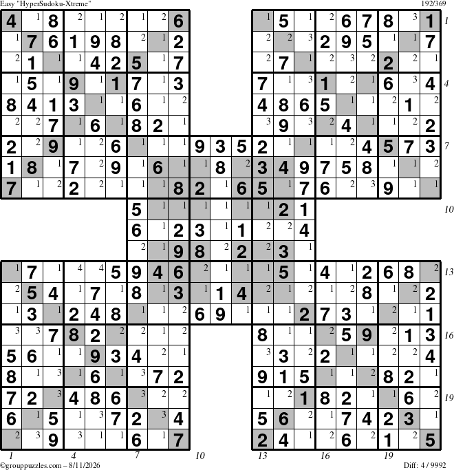 The grouppuzzles.com Easy HyperSudoku-Xtreme puzzle for Tuesday August 11, 2026 with all 4 steps marked
