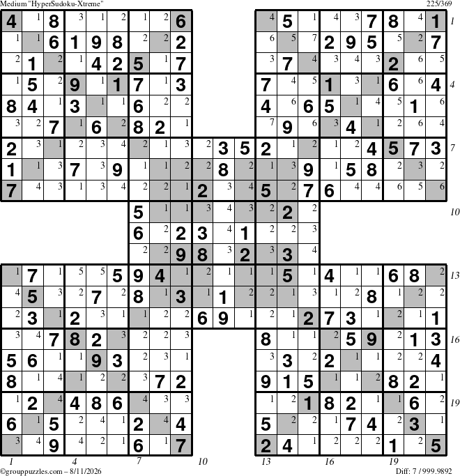 The grouppuzzles.com Medium HyperSudoku-Xtreme puzzle for Tuesday August 11, 2026, suitable for printing, with all 7 steps marked