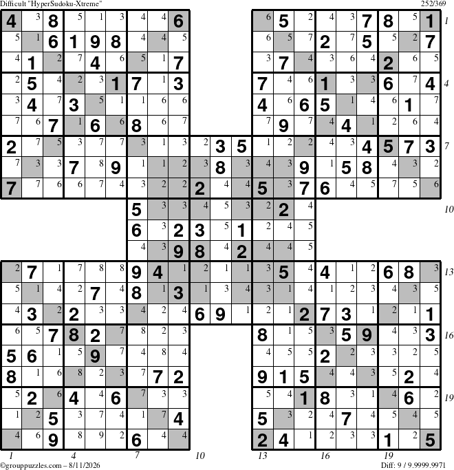 The grouppuzzles.com Difficult HyperSudoku-Xtreme puzzle for Tuesday August 11, 2026, suitable for printing, with all 9 steps marked