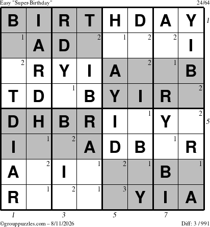 The grouppuzzles.com Easy Super-Birthday puzzle for Tuesday August 11, 2026, suitable for printing, with all 3 steps marked