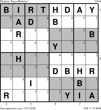 The grouppuzzles.com Medium Super-Birthday puzzle for Tuesday August 11, 2026 with all 5 steps marked