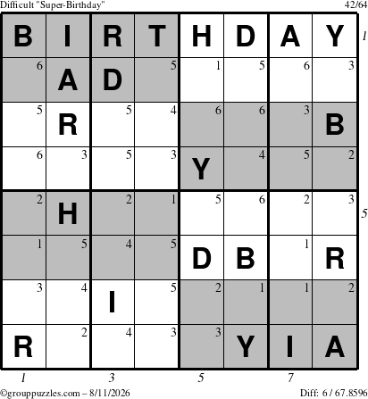 The grouppuzzles.com Difficult Super-Birthday puzzle for Tuesday August 11, 2026, suitable for printing, with all 6 steps marked