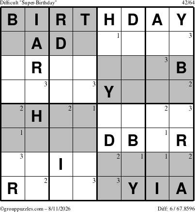 The grouppuzzles.com Difficult Super-Birthday puzzle for Tuesday August 11, 2026 with the first 3 steps marked
