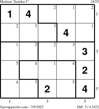 The grouppuzzles.com Medium Sudoku-5 puzzle for Sunday March 9, 2025 with all 5 steps marked