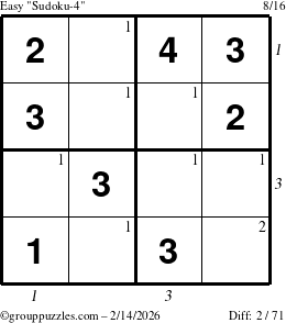 The grouppuzzles.com Easy Sudoku-4 puzzle for Saturday February 14, 2026, suitable for printing, with all 2 steps marked