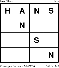 The grouppuzzles.com Easy Hans puzzle for Saturday February 14, 2026