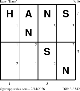 The grouppuzzles.com Easy Hans puzzle for Saturday February 14, 2026 with all 3 steps marked