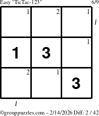 The grouppuzzles.com Easy TicTac-123 puzzle for Saturday February 14, 2026 with all 2 steps marked