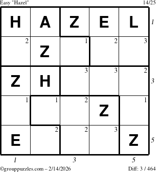 The grouppuzzles.com Easy Hazel puzzle for Saturday February 14, 2026, suitable for printing, with all 3 steps marked