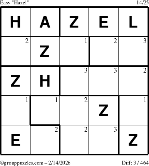 The grouppuzzles.com Easy Hazel puzzle for Saturday February 14, 2026 with the first 3 steps marked