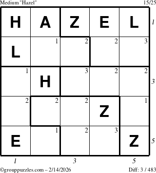 The grouppuzzles.com Medium Hazel puzzle for Saturday February 14, 2026 with all 3 steps marked