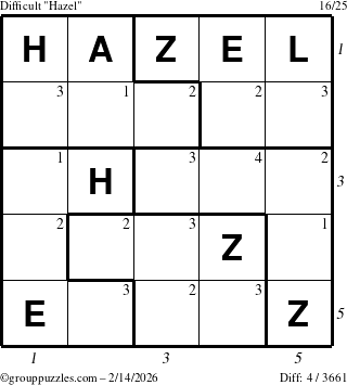 The grouppuzzles.com Difficult Hazel puzzle for Saturday February 14, 2026, suitable for printing, with all 4 steps marked