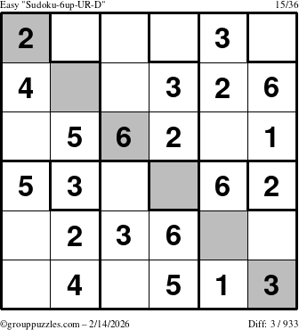 The grouppuzzles.com Easy Sudoku-6up-UR-D puzzle for Saturday February 14, 2026