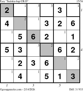 The grouppuzzles.com Easy Sudoku-6up-UR-D puzzle for Saturday February 14, 2026, suitable for printing, with all 3 steps marked