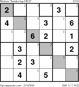 The grouppuzzles.com Medium Sudoku-6up-UR-D puzzle for Saturday February 14, 2026 with the first 3 steps marked