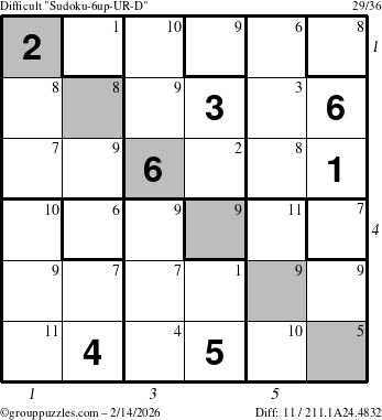 The grouppuzzles.com Difficult Sudoku-6up-UR-D puzzle for Saturday February 14, 2026, suitable for printing, with all 11 steps marked