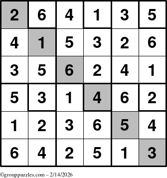 The grouppuzzles.com Answer grid for the Sudoku-6up-UR-D puzzle for Saturday February 14, 2026
