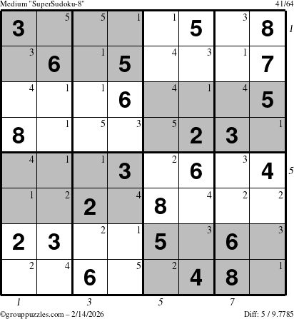 The grouppuzzles.com Medium SuperSudoku-8 puzzle for Saturday February 14, 2026, suitable for printing, with all 5 steps marked