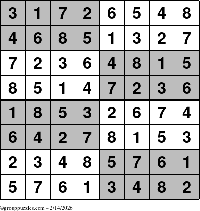 The grouppuzzles.com Answer grid for the SuperSudoku-8 puzzle for Saturday February 14, 2026