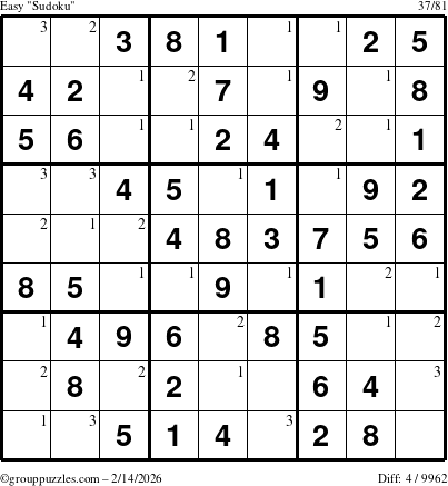 The grouppuzzles.com Easy Sudoku puzzle for Saturday February 14, 2026 with the first 3 steps marked