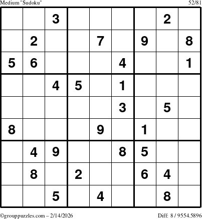 The grouppuzzles.com Medium Sudoku puzzle for Saturday February 14, 2026