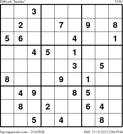 The grouppuzzles.com Difficult Sudoku puzzle for Saturday February 14, 2026