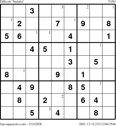 The grouppuzzles.com Difficult Sudoku puzzle for Saturday February 14, 2026 with the first 3 steps marked