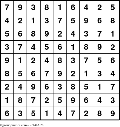 The grouppuzzles.com Answer grid for the Sudoku puzzle for Saturday February 14, 2026