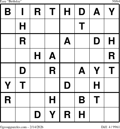 The grouppuzzles.com Easy Birthday puzzle for Saturday February 14, 2026
