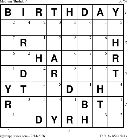 The grouppuzzles.com Medium Birthday puzzle for Saturday February 14, 2026 with all 8 steps marked