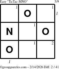 The grouppuzzles.com Easy TicTac-MNO puzzle for Saturday February 14, 2026, suitable for printing, with all 2 steps marked