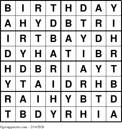 The grouppuzzles.com Answer grid for the Birthday puzzle for Saturday February 14, 2026