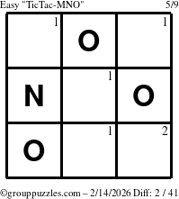 The grouppuzzles.com Easy TicTac-MNO puzzle for Saturday February 14, 2026 with the first 2 steps marked
