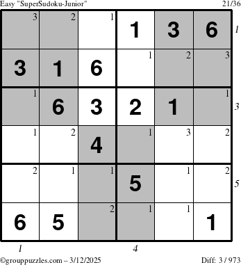 The grouppuzzles.com Easy SuperSudoku-Junior puzzle for Wednesday March 12, 2025 with all 3 steps marked