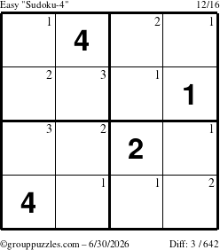 The grouppuzzles.com Easy Sudoku-4 puzzle for Tuesday June 30, 2026 with the first 3 steps marked