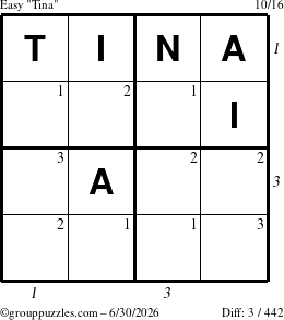 The grouppuzzles.com Easy Tina puzzle for Tuesday June 30, 2026 with all 3 steps marked