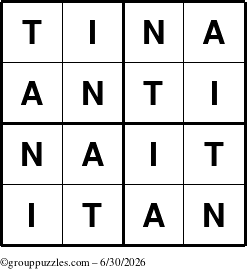 The grouppuzzles.com Answer grid for the Tina puzzle for Tuesday June 30, 2026