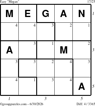 The grouppuzzles.com Easy Megan puzzle for Tuesday June 30, 2026 with all 4 steps marked