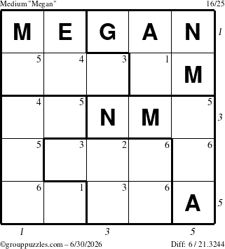 The grouppuzzles.com Medium Megan puzzle for Tuesday June 30, 2026, suitable for printing, with all 6 steps marked