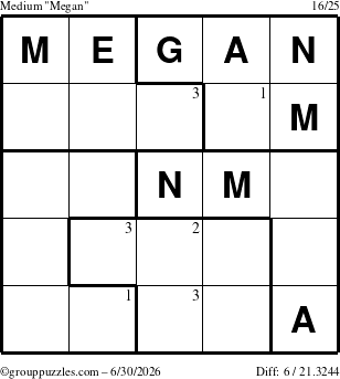 The grouppuzzles.com Medium Megan puzzle for Tuesday June 30, 2026 with the first 3 steps marked