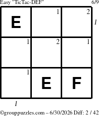 The grouppuzzles.com Easy TicTac-DEF puzzle for Tuesday June 30, 2026, suitable for printing, with all 2 steps marked