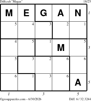 The grouppuzzles.com Difficult Megan puzzle for Tuesday June 30, 2026, suitable for printing, with all 6 steps marked
