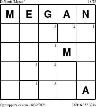 The grouppuzzles.com Difficult Megan puzzle for Tuesday June 30, 2026 with the first 3 steps marked